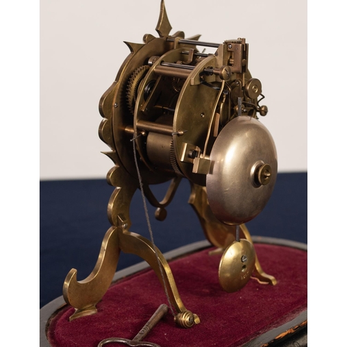 28 - F.L. HAUSBURG, PARIS, LATE NINETEENTH CENTURY BRASS REPEATING OR ALARM MANTLE CLOCK UNDER GLASS DOME... 