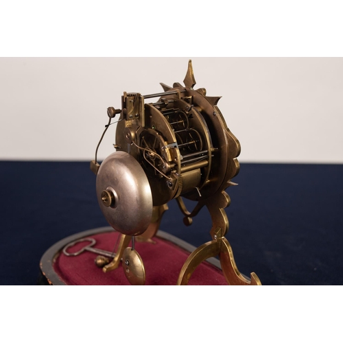 28 - F.L. HAUSBURG, PARIS, LATE NINETEENTH CENTURY BRASS REPEATING OR ALARM MANTLE CLOCK UNDER GLASS DOME... 