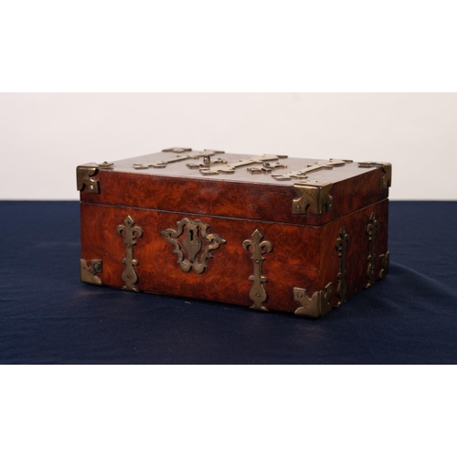 61 - VICTORIAN GOTHIC REVIVAL BRASS BOUND BURR WALNUT SEWING BOX, of oblong from, the interior lined and ... 