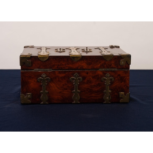 61 - VICTORIAN GOTHIC REVIVAL BRASS BOUND BURR WALNUT SEWING BOX, of oblong from, the interior lined and ... 