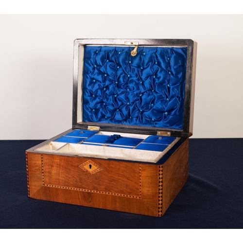 62 - VICTORIAN LINE INLAID AND CROSSBANDED FIGURED WALNUT SEWING BOX, of oblong form, the fitted interior... 