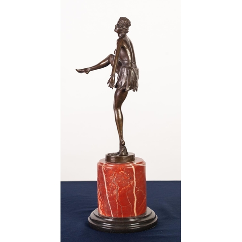 86 - REPRODUCTION CAST BRONZE ART DECO SEMI NAKED FEMALE DANCER, modelled with right leg raised in stylis... 