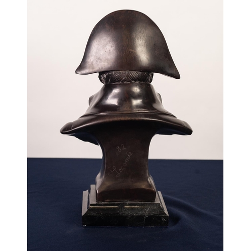 88 - MODERN REPRODUCED PATINATED BRONZE BUST OF NAPOLEON, modelled in military attire, and raised on a wa... 