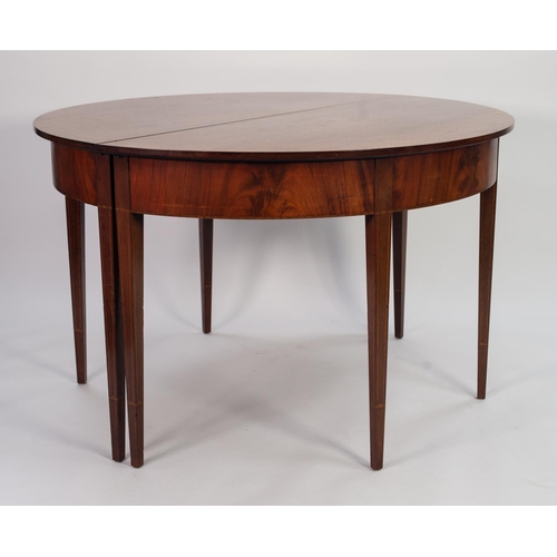 145 - TWENTIETH CENTURY LINE INLAID MAHOGANY THREE PIECE ‘D’ END DINING TABLE, comprising: PAIR OF ‘D’ SHA... 