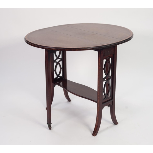 148 - EDWARDIAN SATINWOOD CROSSBANDED AND LINE INLAID MAHOGANY SUTHERLAND TABLE, the oval top raised on ov... 