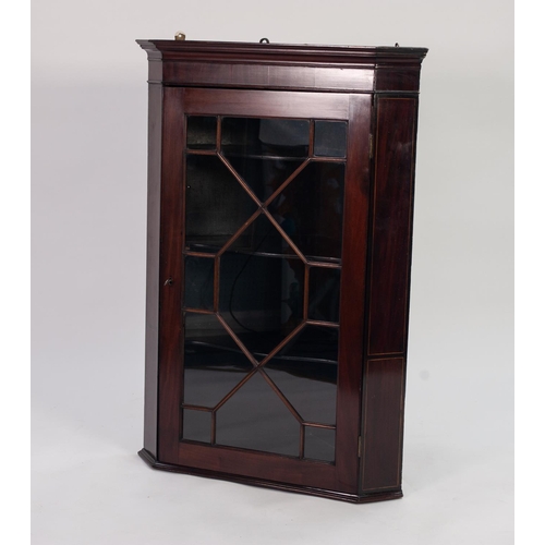 156 - NINETEENTH CENTURY FLAT FRONTED AND GLAZED MAHOGANY CORNER CUPBOARD, of typical form with thirteen p... 