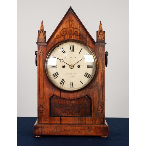 38 - ROSKELL & SON, LIVERPOOL, LATE REGENCY BRASS INLAID ROSEWOOD GOTHIC REVIVAL MANTLE CLOCK, the 7 ½” e... 