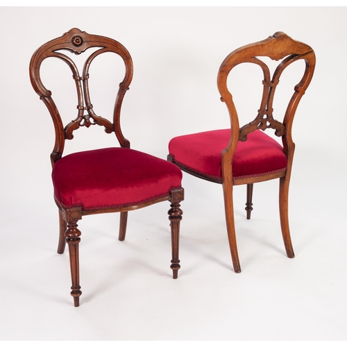 131 - SET OF FIVE VICTORIAN CARVED WALNUT SINGLE DINING CHAIRS, each with moulded, waisted back with scrol... 