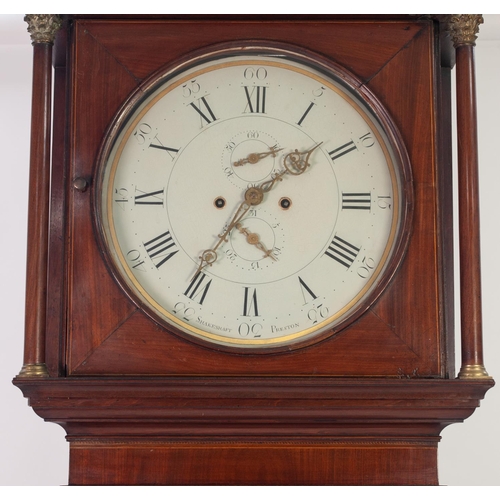 40 - SHAKESHAFT, PRESTON, NINETEENTH CENTURY LINE INLAID AND FIGURED MAHOGANY LONGCASE CLOCK, the 15” gil... 