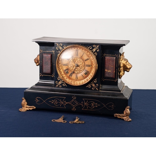 41 - ANSONIA CLOCK COMPANY, NEW YORK, EARLY TWENTIETH CENTURY BLACK JAPANNED METAL MANTLE CLOCK, the 5 ½”... 