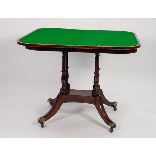 123 - REGENCY COROMANDEL CROSSBANDED AND LINE INLAID ROSEWOOD PEDESTAL CARD TABLE, the ‘D’ shaped swivel a... 