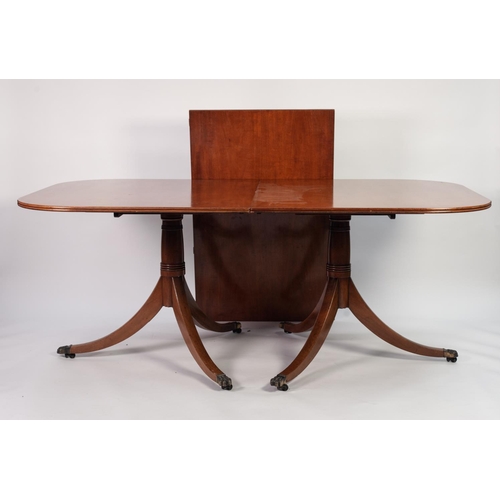 165 - MODERN REGENCY STYLE MAHOGANY TWIN PILLAR DINING TABLE WITH EXTRA LEAF AND A SET OF SIX SINGLE DININ... 