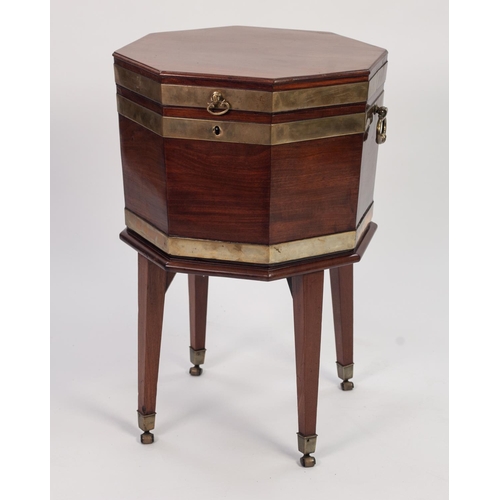 126 - GEORGE III BRASS BANDED MAHOGANY OCTAGONAL CELLARETTE, with metal lined interior, brass side handles... 