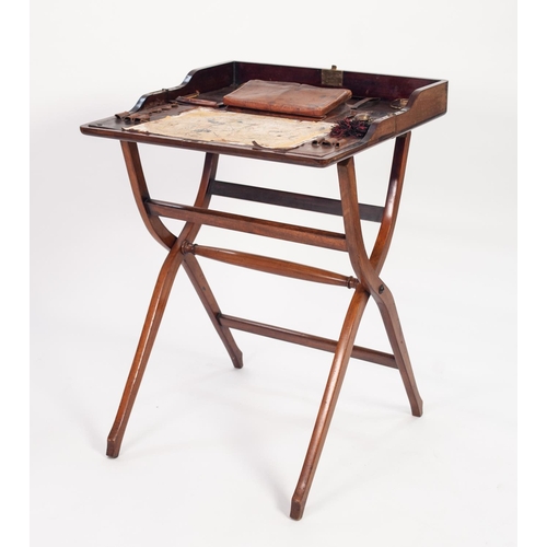 127 - EDWARDIAN INLAID MAHOGANY FOLDING WRITING TABLE, the compartmented brown leather lined interior with... 