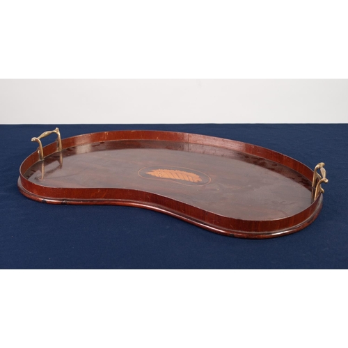 68 - EDWARDIAN INLAID MAHOGANY KIDNEY SHAPED TWO HANDLED TRAY, with raised border, brass end handles and ... 