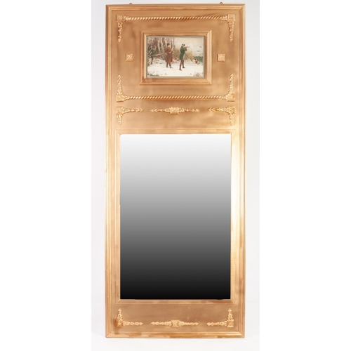 94 - MODERN GILT FRAMED BEVEL EDGED WALL MIRROR, with pastiche female portrait above, set in a heavy moul... 