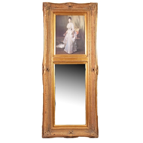 94 - MODERN GILT FRAMED BEVEL EDGED WALL MIRROR, with pastiche female portrait above, set in a heavy moul... 