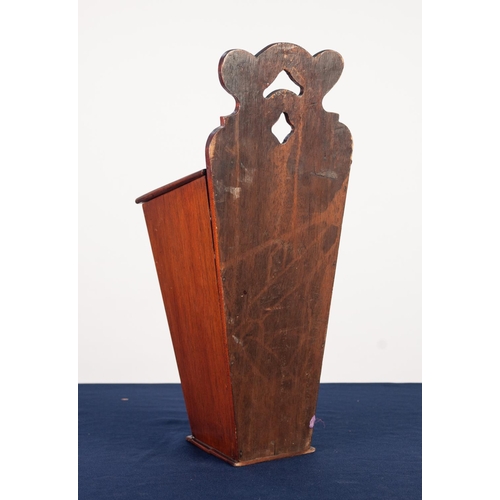 60 - ANTIQUE MAHOGANY MURAL CANDLE BOX, of typical form with hinged cover and pierced back plate, 18 ¼” (... 