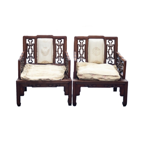 153 - GOOD CHINESE POST-WAR HUALI WOOD 'OPIUM' SUITE, of long seat with twin padded cushion inset back div... 