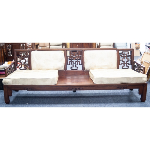 153 - GOOD CHINESE POST-WAR HUALI WOOD 'OPIUM' SUITE, of long seat with twin padded cushion inset back div... 