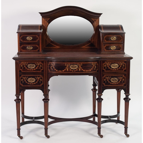 142 - GOODALL, LAMB & HEIGHWAY, MANCHESTER, GOOD EDWARDIAN INLAID MAHOGANY WRITING TABLE WITH MIRROR BACK,... 