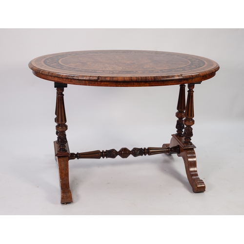 134 - GOOD MID VICTORIAN INLAID AND TULIPWOOD CROSSBANDED FIGURED WALNUT CENTRE TABLE, the moulded oval to... 