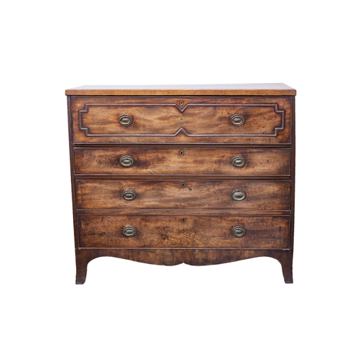 128 - GEORGE III MAHOGANY SECRETAIRE CHEST, the crossbanded oblong top above a fall front secretaire drawe... 