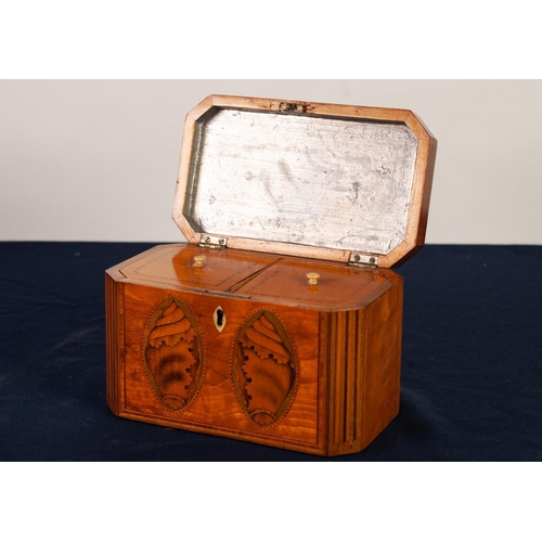 57 - A GOOD GEORGE III SATINWOOD, CROSSBANDED AND SHELL ELLIPSE INLAID CANTED-OBLONG TEA CADDY, the inter... 