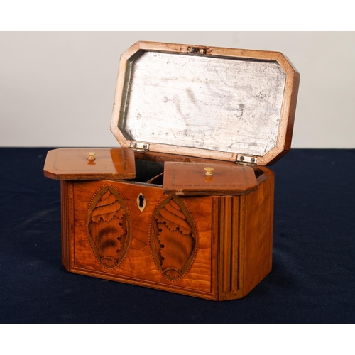 57 - A GOOD GEORGE III SATINWOOD, CROSSBANDED AND SHELL ELLIPSE INLAID CANTED-OBLONG TEA CADDY, the inter... 