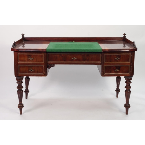 140 - POSSIBLY DANISH, LATE NINETEENTH CENTURY FIGURED MAHOGANY KNEEHOLE WRITING TABLE, the galleried, obl... 