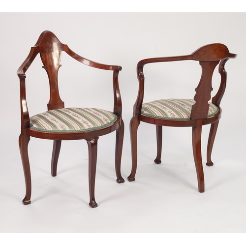 147 - FOUR EDWARDIAN MAHOGANY CORNER CHAIRS, comprising: THREE SIMILAR, with boxwood line inlays, central ... 