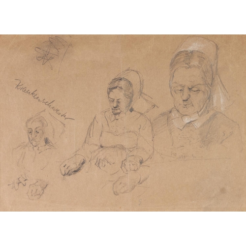 271 - ATTRIBUTED TO ADOLPH MENZEL
PENCIL SKETCHES HEIGHTENED IN WHITE ON BUFF PAPER 
Studies of an old wom... 