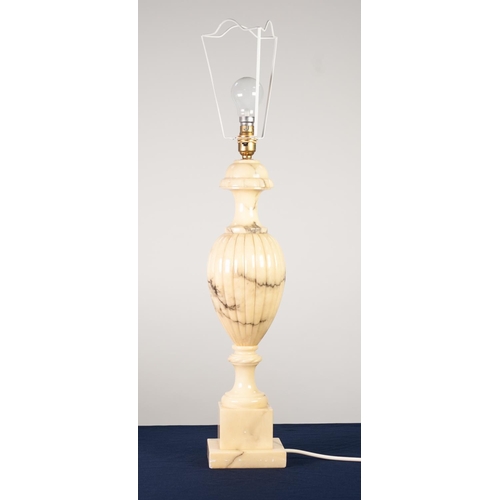 97 - GREY VEINED WHIE ALABASTER, LARGE TABLE LAMP, urn shaped and lobed with square plinth base, 20