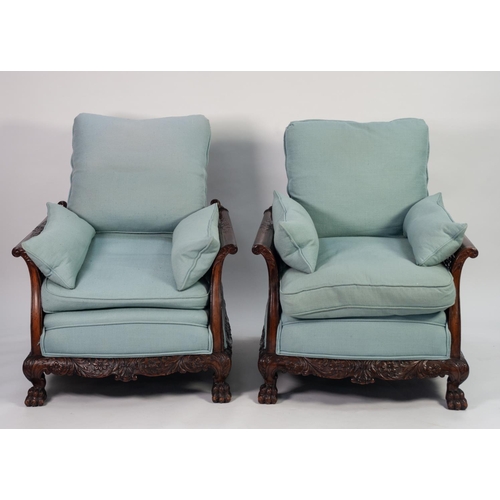 158 - GOOD EDWARDIAN CARVED MAHOGANY AND DOUBLE CANED THREE PIECE BERGERE SUITE, comprising: THREE SEATER ... 