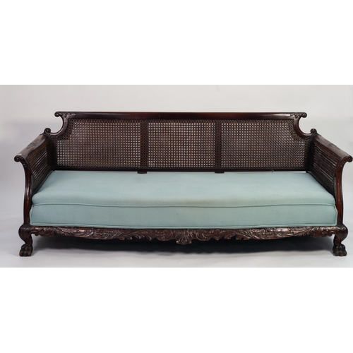 158 - GOOD EDWARDIAN CARVED MAHOGANY AND DOUBLE CANED THREE PIECE BERGERE SUITE, comprising: THREE SEATER ... 