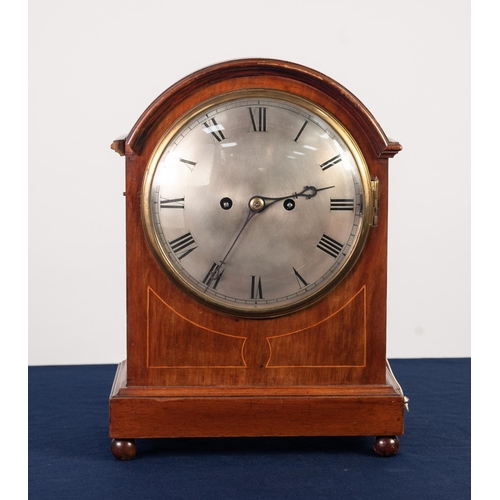 47 - EDWARDIAN LINE INLAID MAHOGANY REPEATING MANTLE CLOCK, the 8” silvered Roman dial powered by an impr... 