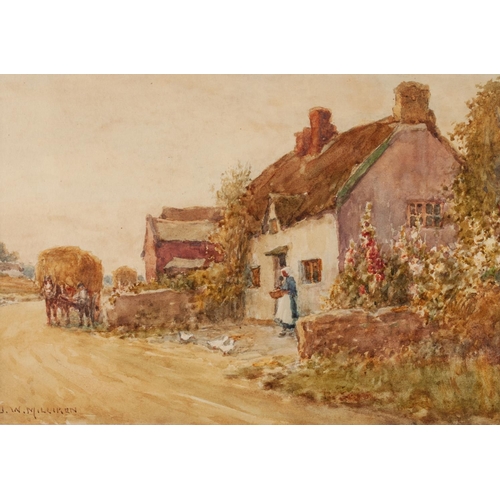 238 - JAMES W. MILLIKEN (1887-1930)
WATERCOLOUR DRAWING
Bygone cottage scene with maid, ducks and hay wago... 