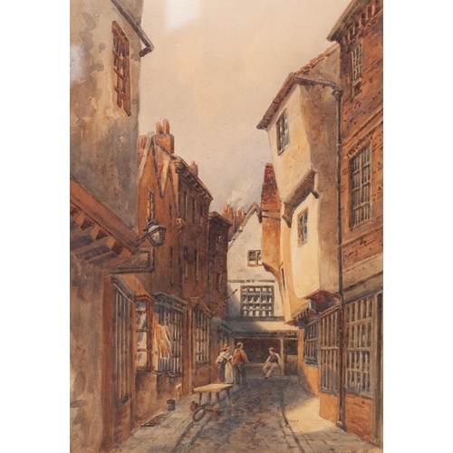 236 - JESSIE DUDLEY (NINETEENTH/ TWENTIETH CENTURY) 
WATERCOLOUR DRAWING 
‘The Old Shambles, York, 1816’ 
... 