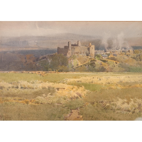 243 - ARTHUR TUCKER (1864-1929) 
WATERCOLOUR DRAWING 
Landscape with castle in the distance, possibly Harl... 