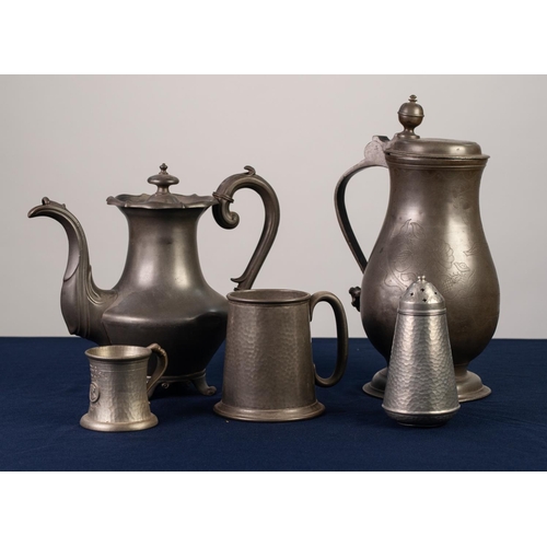 75 - ANTIQUE PEWTER FOOTED AND LIDDED BALUSTER LARGE TANKARD OR MEASURE, engraved with stylised flowers, ... 