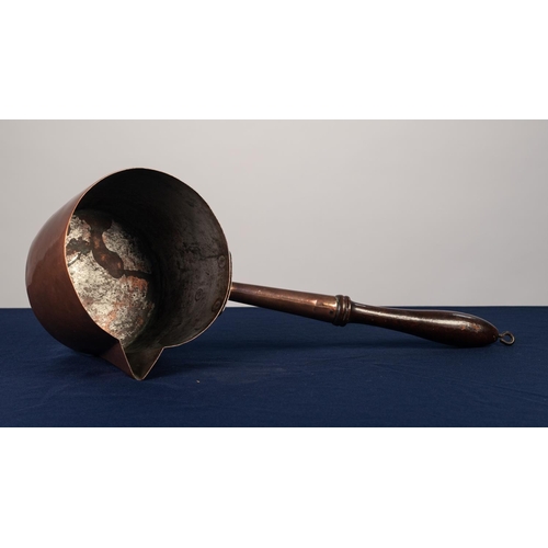 77 - ANTIQUE TINNED COPPER DEEP PAN with turned wood handle, 8 ¼” (21cm) diameter, the handle, 14” (35.5c... 