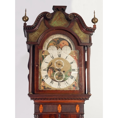 31 - SAM COLLIER, ECCLES, GEORGE III INLAID FIGURED MAHOGANY LONGCASE CLOCK WITH ROLLING MOON PHASE, the ... 