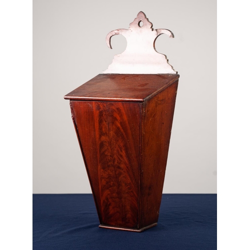 66 - ANTIQUE FIGURED MAHOGANY MURAL CANDLE BOX, o typical form with fret cut back plate, a/f, 20 ¾” (52.7... 