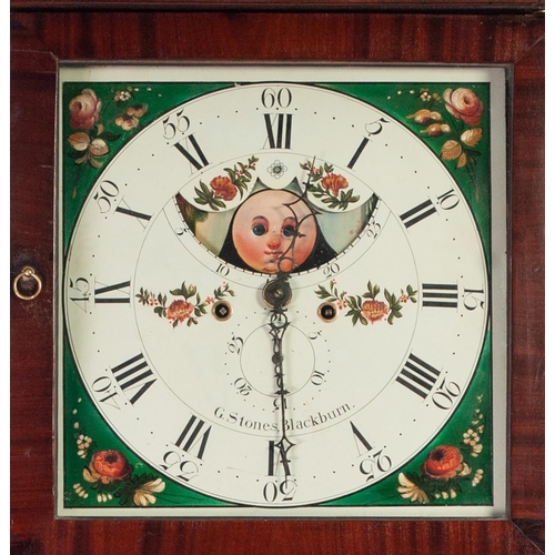 34 - GEORGE STONES, BLACKBURN, GEORGE III FIGURED MAHOGANY LONGCASE CLOCK WITH 8 DAYS STRIKING MOVEMENT, ... 