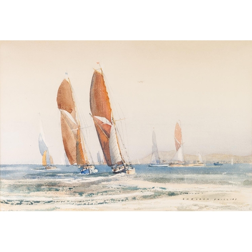 229 - ARTHUR SHELDON PHILLIPS (1914-2001) WATERCOLOUR  Sailing barges at sea Signed 13 ½” x 19 ½” (34.3cm ... 