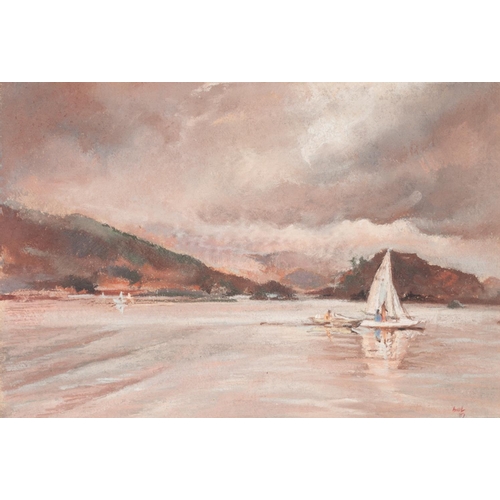 231 - UNATTRIBUTED (TWENTIETH CENTURY ENGLISH SCHOOL) PASTEL Lake scene with sailing dinghy Indistinctly s... 