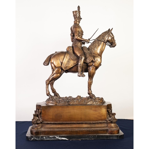 81 - MEUNIER, PARIS, BRONZE EQUESTRIAN GROUP OF A NAPOLEONIC SOLDIER, light brown patination, 22” (56cm) ... 