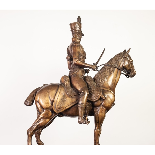 81 - MEUNIER, PARIS, BRONZE EQUESTRIAN GROUP OF A NAPOLEONIC SOLDIER, light brown patination, 22” (56cm) ... 