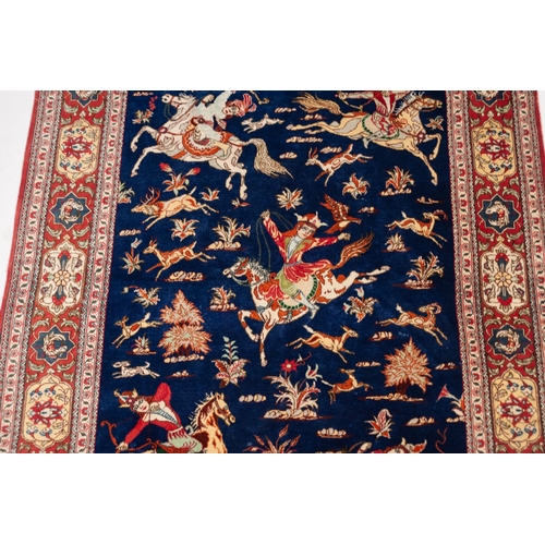 6 - PERSIAN KASHAN PART-SILK, FINELY KNOTTED, PICTORIAL HUNTING RUG depicting five equestrian figures an... 