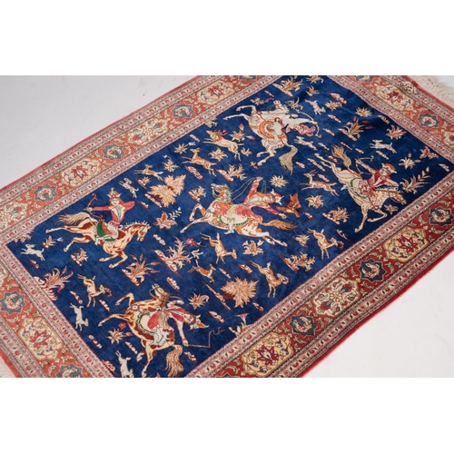 6 - PERSIAN KASHAN PART-SILK, FINELY KNOTTED, PICTORIAL HUNTING RUG depicting five equestrian figures an... 